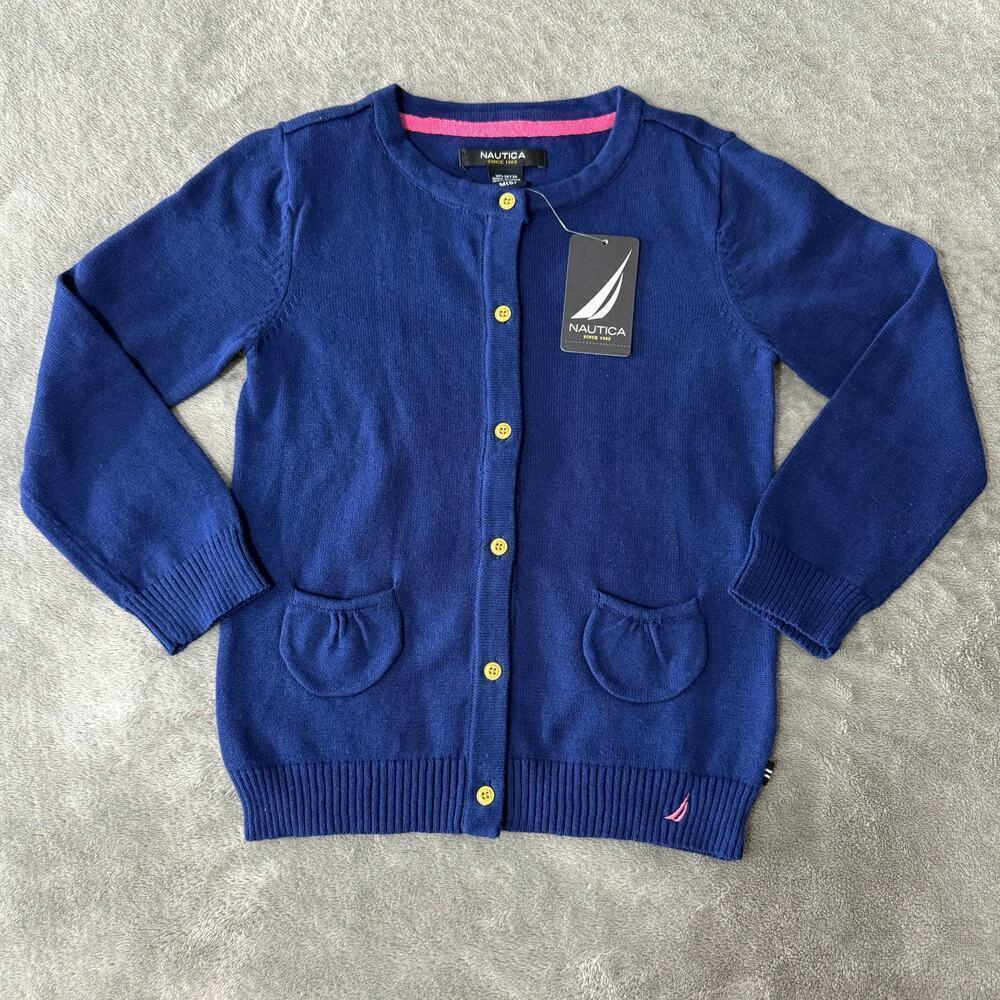 Nautica Little Girls’ Jersey Cardigan Sweater With Pockets, Navy Blue, M(5)
